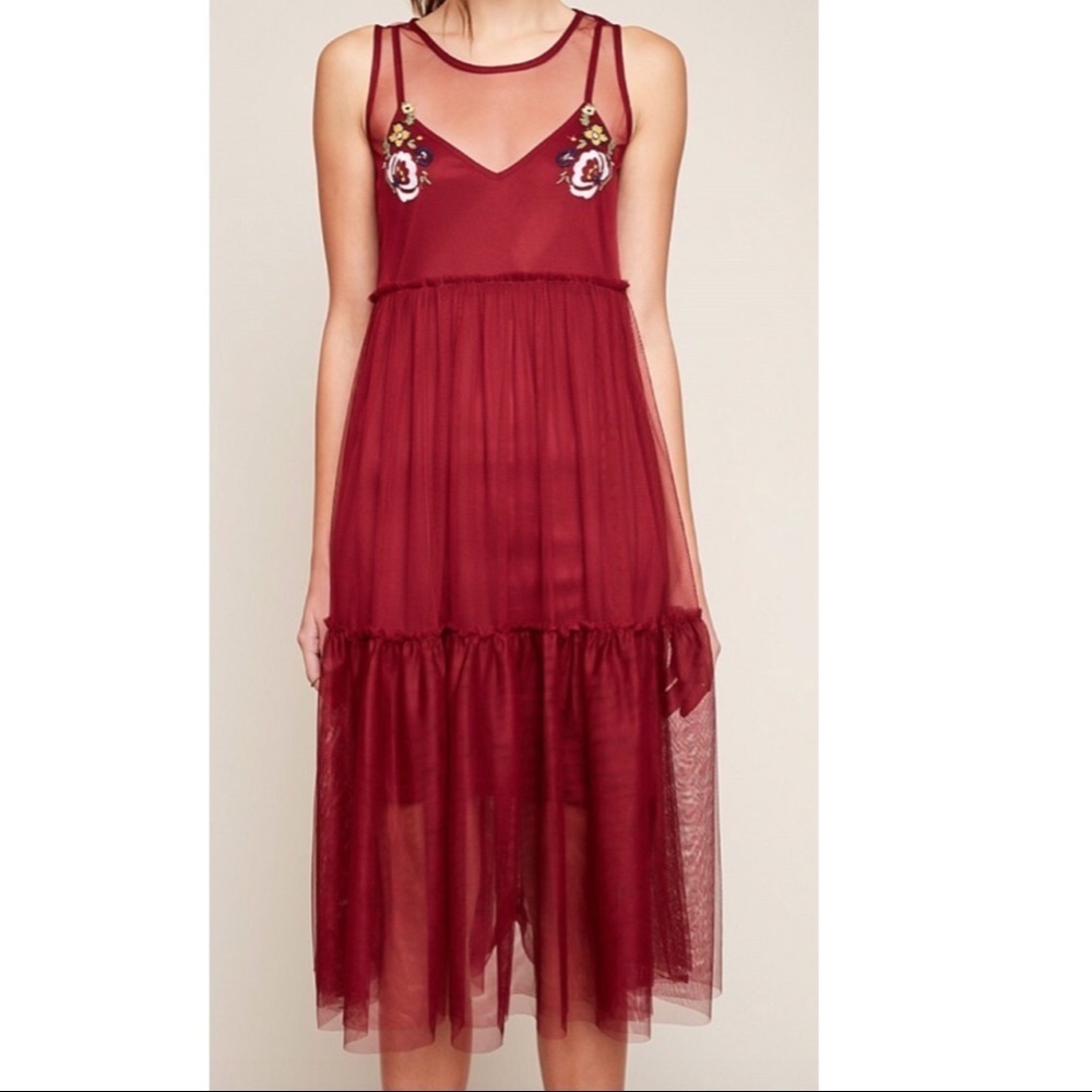 Coquette Wine Mesh Overlay Dress
